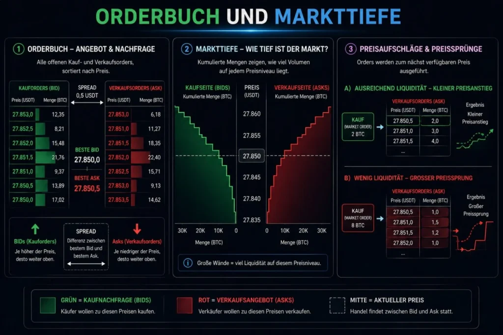 Orderbuch mit Markttiefe, Kaufseite links und Verkaufsseite rechts