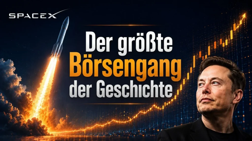 Ein Coverbild zum SpaceX-Börsengang am 12. Juni 2026. Dargestellt ist eine startende SpaceX-Rakete mit steigenden Trading-Charts in Orange. Zudem sind im Bild Elon Musk und das SpaceX-Logo zu sehen.