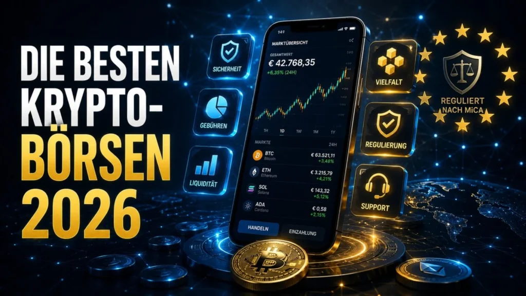Smartphone mit Krypto-Handels-App und Marktübersicht, umgeben von Icons für Sicherheit, Gebühren, Liquidität und Regulierung sowie EU-Sternen mit ‚Reguliert nach MiCA', Sinnbild für den Krypto-Börsen-Vergleich 2026