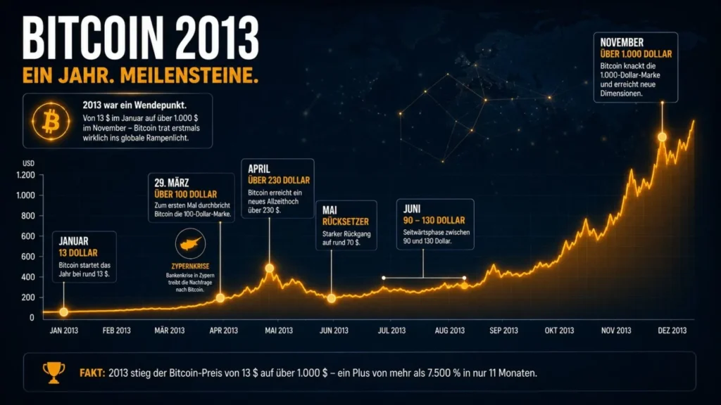 Zeitleiste des Bitcoin-Kurses 2013 mit Meilensteinen von 13 auf über 1.000 US-Dollar, inklusive Zypernkrise Ende März.
