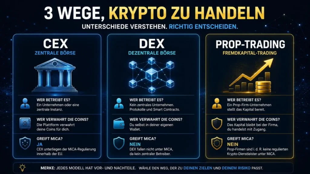 Drei Wege, Krypto zu handeln, im Vergleich: zentrale Börse (CEX), dezentrale Börse (DEX) und Prop-Trading, je mit Betreiber, Verwahrung und MiCA-Status.