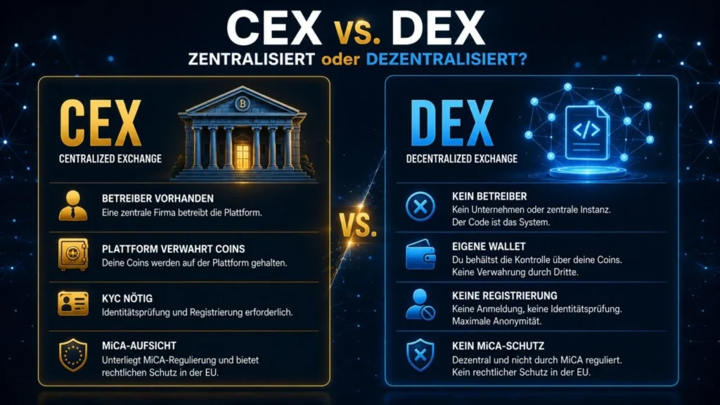 Vergleich zentrale Börse gegen dezentrale Börse: Betreiber, Verwahrung, KYC und MiCA-Schutz gegenübergestellt.
