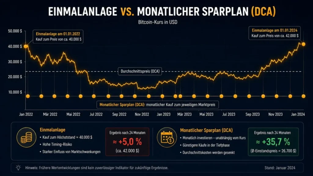 Vergleich Einmalanlage gegen monatlichen Sparplan (DCA) am Bitcoin-Kurs 2022 bis 2024, der Sparplan senkt den Durchschnittspreis.