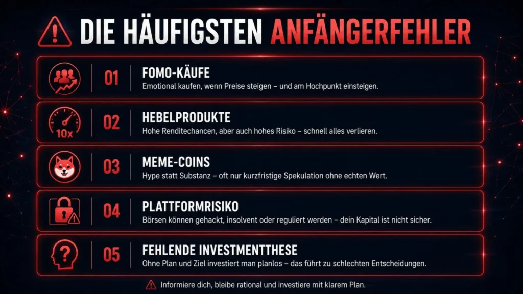 Die häufigsten Anfängerfehler beim Krypto-Investieren: FOMO-Käufe, Hebelprodukte, Meme-Coins, Plattformrisiko und fehlende Investmentthese.