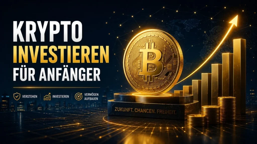 Goldene Bitcoin-Münze auf einem Sockel neben aufsteigenden Balken und Wachstumspfeil, Sinnbild für Krypto investieren als Anfänger