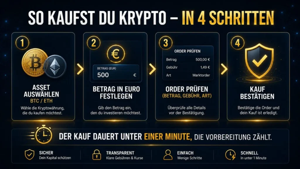 Krypto kaufen in vier Schritten: Asset auswählen, Betrag in Euro festlegen, Order prüfen, Kauf bestätigen.