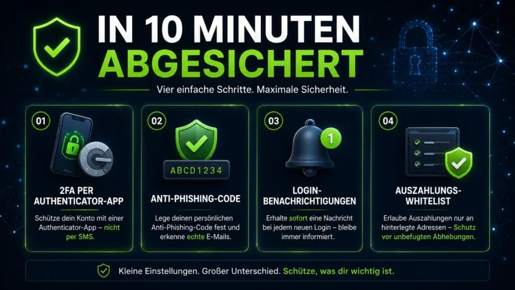 Vier Sicherheitseinstellungen fürs Krypto-Konto: 2FA per Authenticator-App, Anti-Phishing-Code, Login-Benachrichtigungen und Auszahlungs-Whitelist.