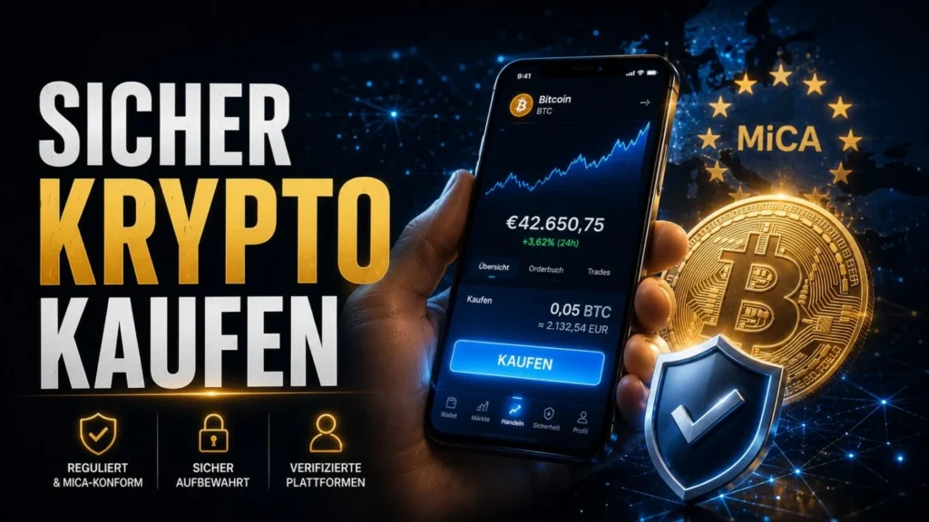 Hand mit Smartphone und Krypto-App samt Kaufen-Button, daneben Schutzschild und EU-Sterne, Sinnbild für sicheres Krypto-Kaufen unter MiCA.