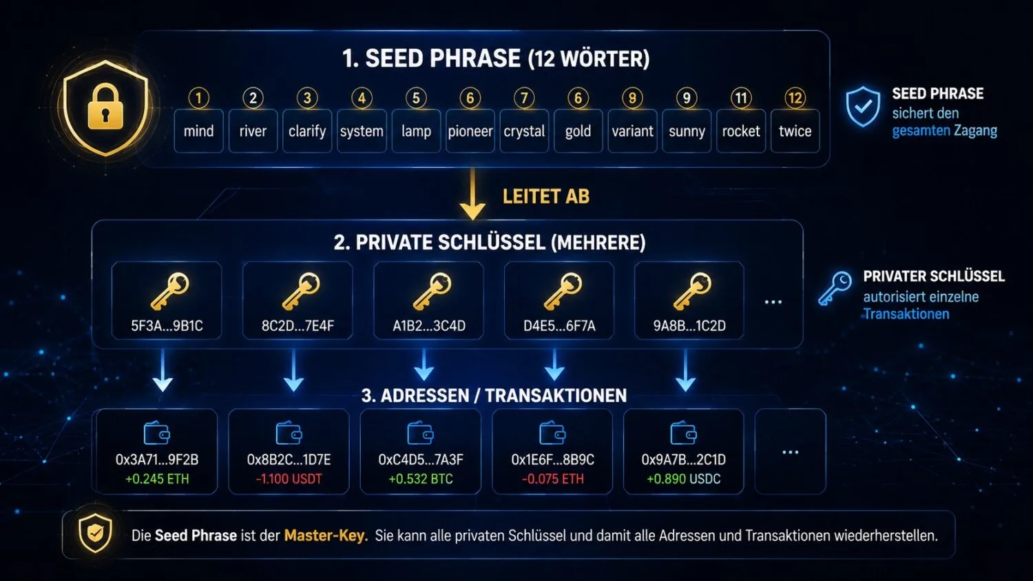 Schaubild: Die Seed Phrase leitet die privaten Schlüssel ab, die einzelne Krypto-Adressen und Transaktionen autorisieren.