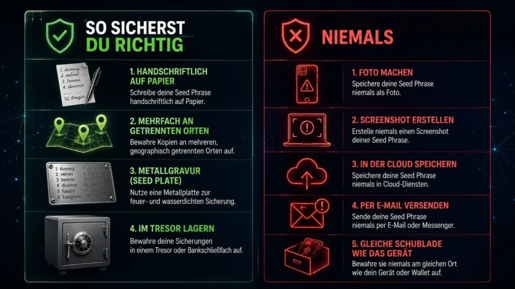 Übersicht, wie man eine Seed Phrase sicher aufbewahrt und welche Fehler wie Foto, Screenshot oder Cloud man vermeiden sollte.