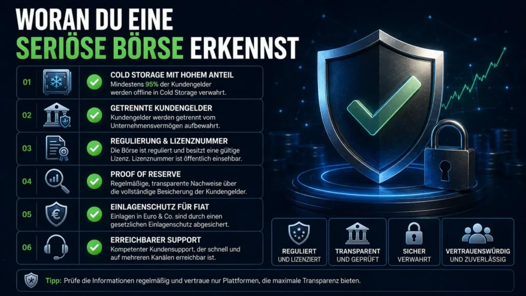 Checkliste, woran man eine seriöse Kryptobörse erkennt: Cold Storage, getrennte Kundengelder, Lizenz, Proof of Reserve, Einlagenschutz, Support.