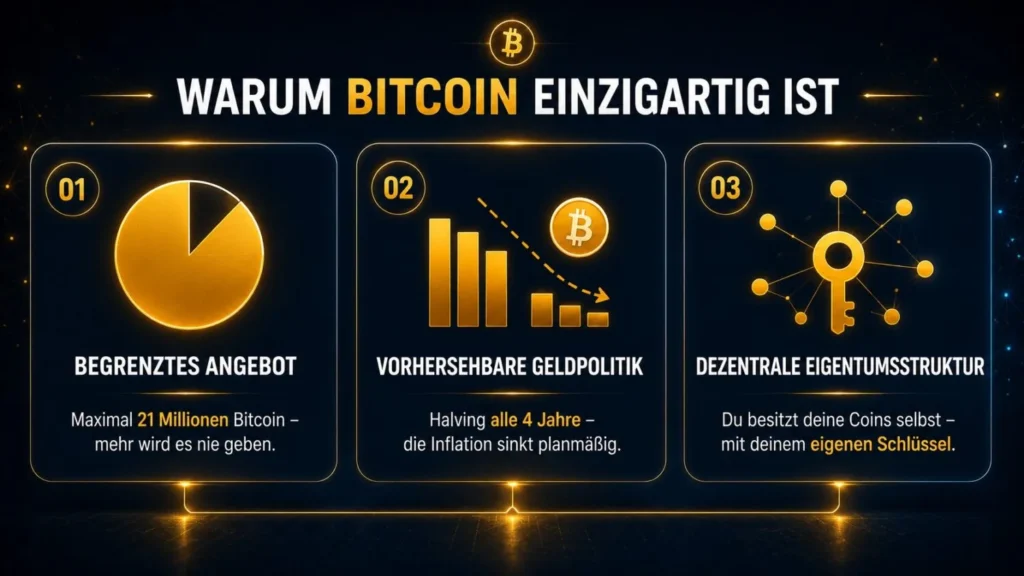 Drei Eigenschaften, die Bitcoin einzigartig machen: begrenztes Angebot von 21 Millionen, vorhersehbare Geldpolitik durch das Halving und dezentrale Eigentumsstruktur mit eigenem Schlüssel.