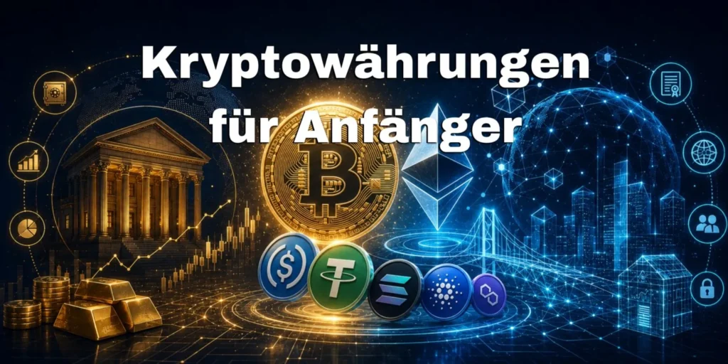 Titelbild zu Kryptowährungen für Anfänger mit Bitcoin und Ethereum einfach erklärt