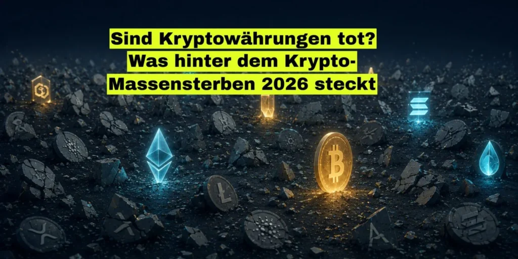 Titelbild zur Frage, ob Kryptowährungen tot sind, und zum Massensterben von Krypto-Projekten 2026