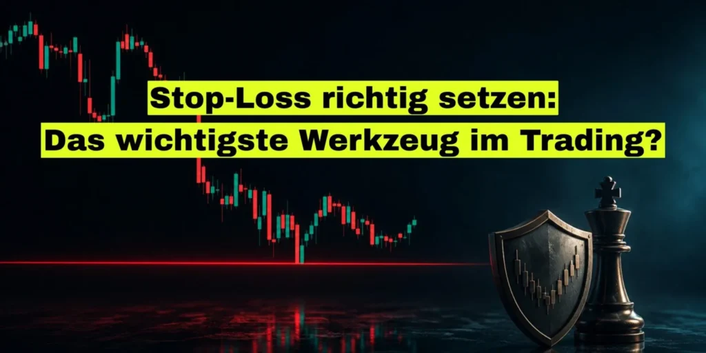 Kerzenchart fällt bis auf eine rot markierte Stop-Loss-Linie, davor Schutzschild und Schachfigur. Bildtitel: Stop-Loss richtig setzen, das wichtigste Werkzeug im Trading.