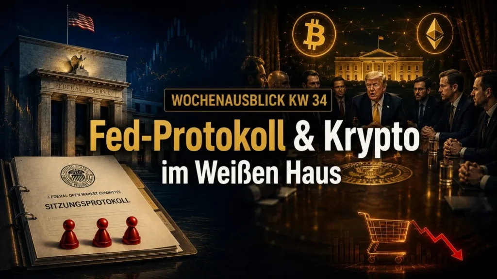 Titelbild zum Wochenausblick KW 34 2026 mit Fed-Protokoll und Trump-Krypto-Treffen