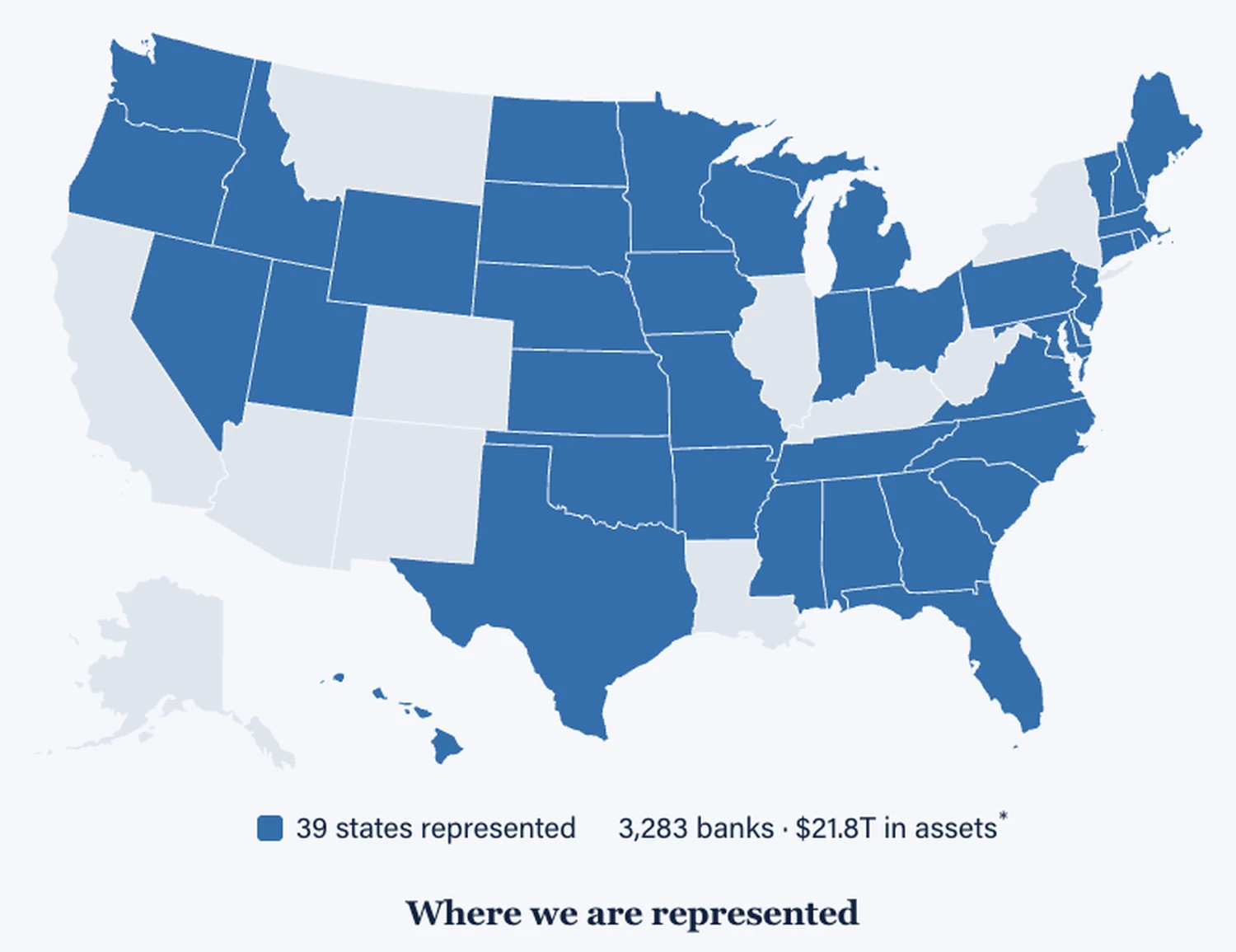 Karte der USA mit den 39 blau markierten Bundesstaaten, deren Bankenverbände der BankChain Alliance angehören, grau bleiben elf Staaten darunter New York, Kalifornien und Illinois