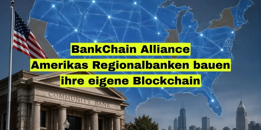 Symbolbild zur BankChain Alliance: Blockchain-Netzwerk über einer Karte der USA, im Vordergrund eine amerikanische Regionalbank mit Nationalflagge