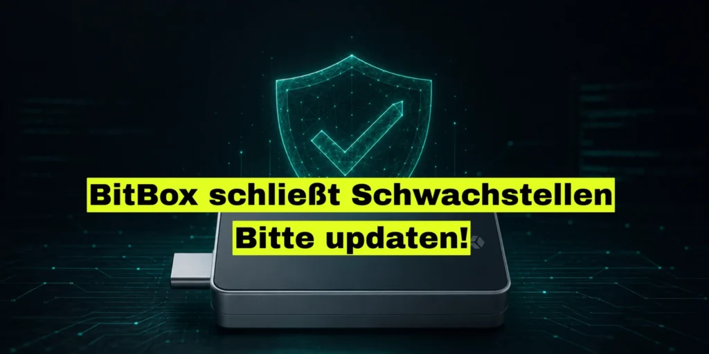 Hardware-Wallet auf einer Platine, darüber ein leuchtendes Schutzschild mit grünem Haken. Bildtitel: BitBox schließt Schwachstellen, bitte updaten.