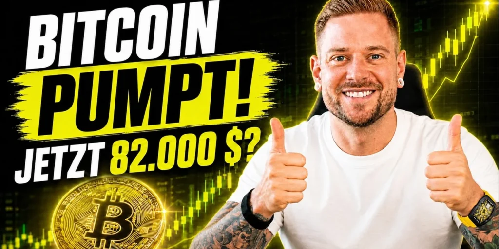 Florian Sondershausen mit beiden Daumen nach oben vor einem steigenden Kerzenchart und einer Bitcoin-Münze. Bildtitel: Bitcoin pumpt, jetzt 82.000 Dollar?