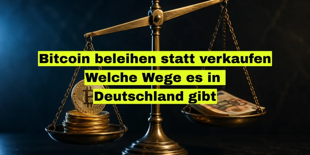 Titelbild zur Frage, wie sich Bitcoin in Deutschland beleihen lässt, eine Waage mit Coins und Euroscheinen