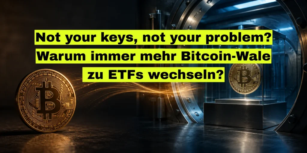 Titelbild dazu, warum Bitcoin-Wale ihre Coins in ETF-Anteile tauschen, ein Bitcoin frei und einer im Banktresor