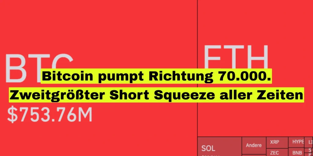 Rote Kachelgrafik der Liquidationen mit Bitcoin und Ethereum als größten Flächen. Bildtitel: Bitcoin pumpt Richtung 70.000, zweitgrößter Short Squeeze aller Zeiten.