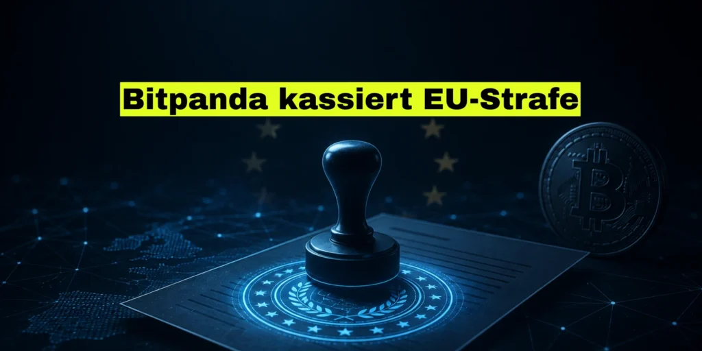 Amtlicher Stempel auf einem Dokument mit leuchtendem Siegel, dahinter Europasterne und eine Bitcoin-Münze. Bildtitel: Bitpanda kassiert EU-Strafe.