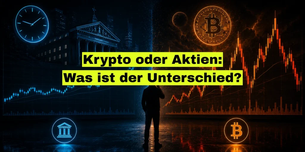 Zweigeteilte Grafik: links Börsengebäude mit Uhr und ruhigem Chart, rechts Bitcoin mit stark schwankendem Chart. Bildtitel: Krypto oder Aktien, was ist der Unterschied?