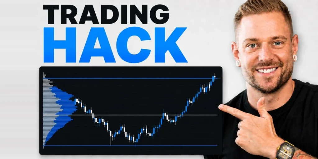 Florian Sondershausen zeigt auf einen Bitcoin-Chart mit eingeblendetem Volumenprofil, daneben der Schriftzug Trading Hack