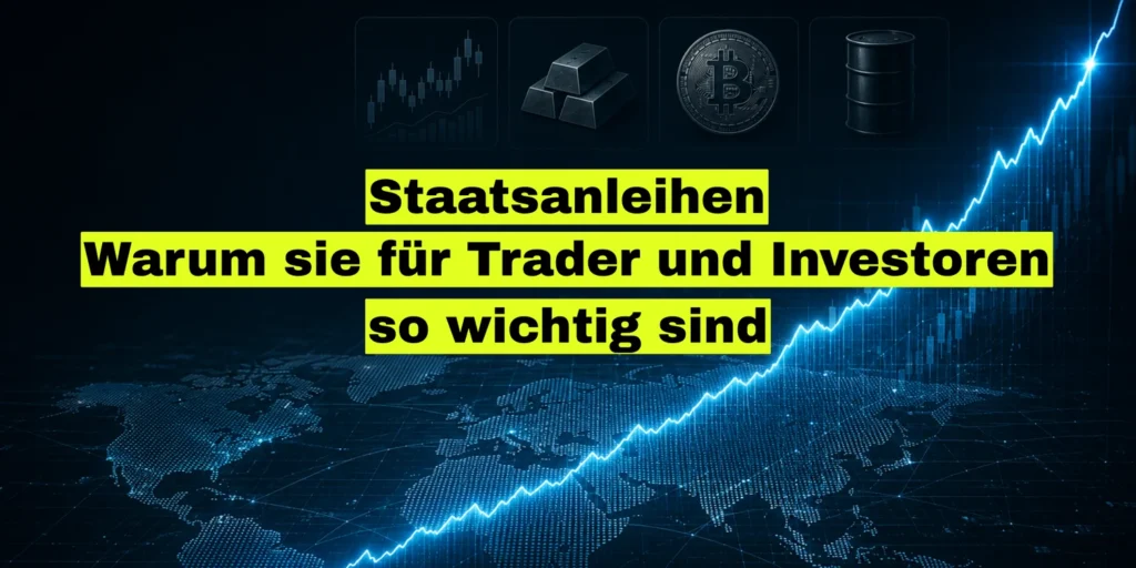 Steil steigende Renditekurve über einer digitalen Weltkarte, darüber Symbole für Aktien, Gold, Bitcoin und Öl. Bildtitel: Staatsanleihen, warum sie für Trader und Investoren so wichtig sind.