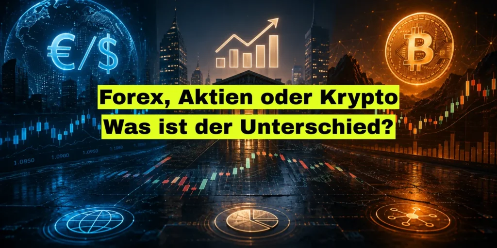 Dreigeteilte Finanzgrafik mit Euro-Dollar-Zeichen, Aktienchart und Bitcoin-Münze über Kerzencharts. Bildtitel: Forex, Aktien oder Krypto, was ist der Unterschied?