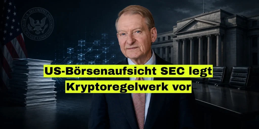 Mann im Anzug vor SEC-Siegel, US-Flagge, Aktenstapel und leerem Sitzungstisch. Bildtitel: US-Börsenaufsicht SEC legt Kryptoregelwerk vor.