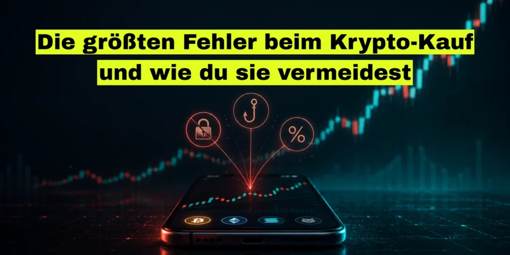 Smartphone mit Krypto-Handelsansicht und Warnsymbolen für Sicherheit, Phishing und Gebühren. Bildtitel: Die größten Fehler beim Krypto-Kauf.