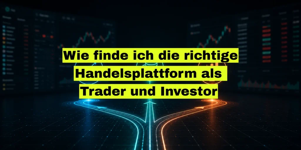Leuchtende Weggabelung mit drei Pfaden vor unscharfen Handelsoberflächen. Bildtitel: Wie finde ich die richtige Handelsplattform als Trader und Investor.
