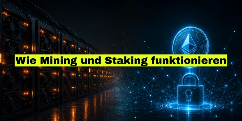 Server-Racks eines Mining-Rechenzentrums links, rechts eine leuchtende Ethereum-Münze über einem Schloss. Bildtitel: Wie Mining und Staking funktionieren.