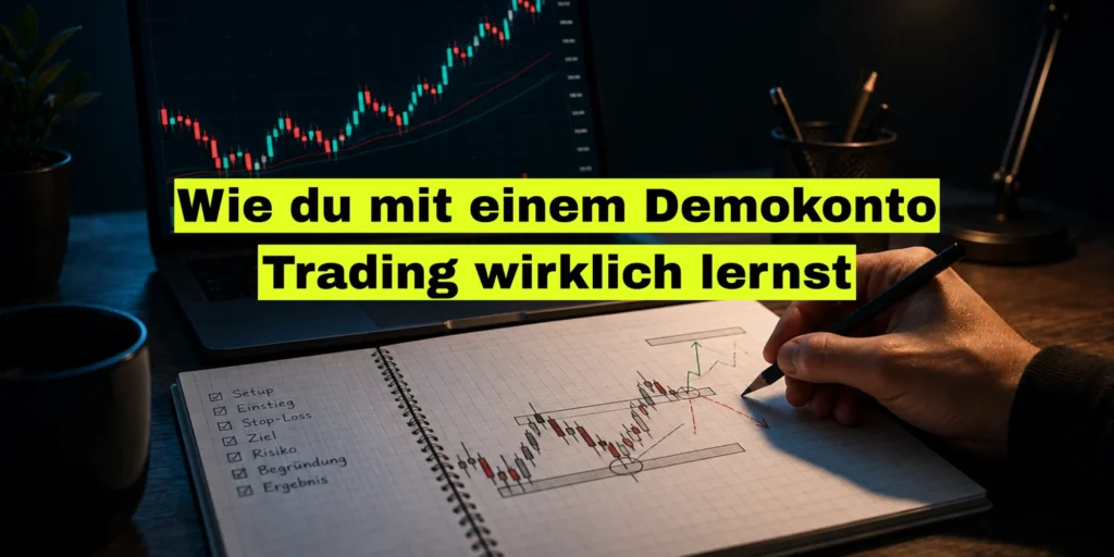 Handschriftliches Trading-Journal mit Checkliste und Chartskizze vor einem Laptop mit Kerzenchart. Bildtitel: Wie du mit einem Demokonto Trading wirklich lernst.
