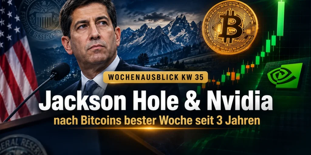 Kevin Warsh am Rednerpult vor der Bergkulisse von Jackson Hole, daneben ein Bitcoin-Symbol und ein steigender Kerzenchart. Bildtitel: Jackson Hole und Nvidia nach Bitcoins bester Woche seit 3 Jahren.