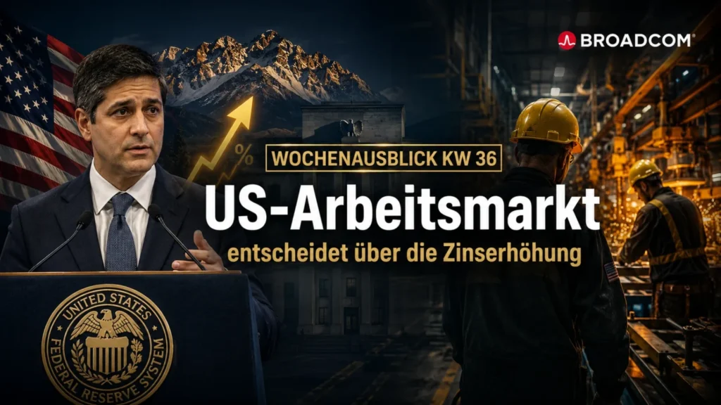 Wochenausblick KW 36 2026: Fed-Chef Kevin Warsh am Rednerpult, daneben Industriearbeiter, Titel US-Arbeitsmarkt entscheidet über die Zinserhöhung