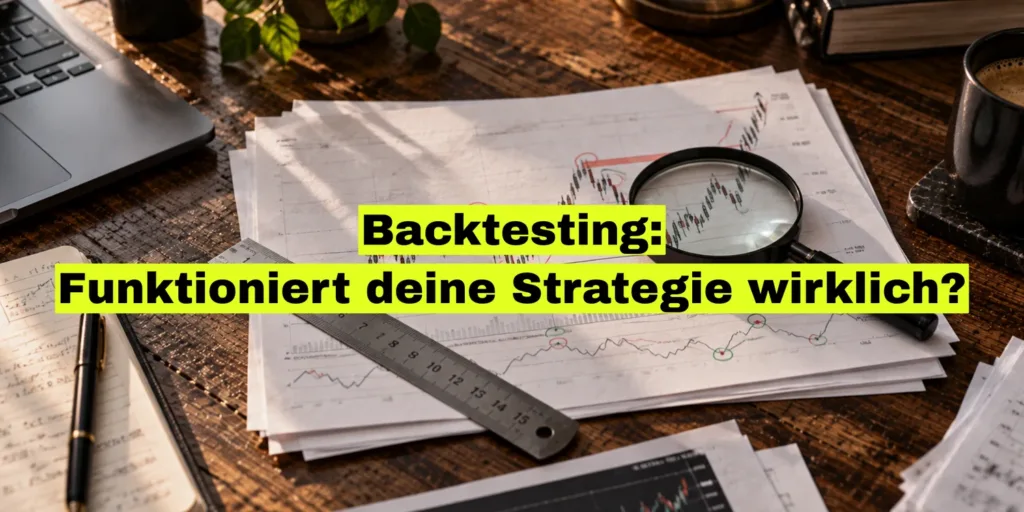 Ausgedruckte Chartblätter mit Notizen, Lupe und Lineal auf einem Holztisch. Bildtitel: Backtesting, funktioniert deine Strategie wirklich?