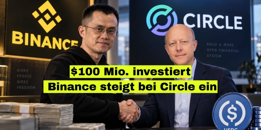 Zwei Männer geben sich vor den Logos von Binance und Circle die Hand, davor Geldbündel und eine USDC-Münze. Bildtitel: 100 Mio. investiert, Binance steigt bei Circle ein.