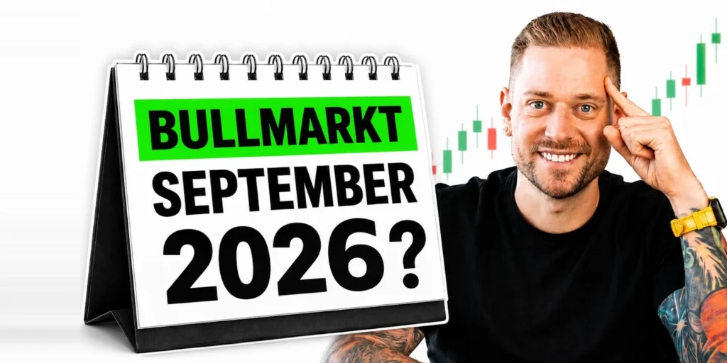 Florian Sondershausen neben einem Tischkalender mit der Aufschrift Bullmarkt September 2026, im Hintergrund ein steigender Kerzenchart