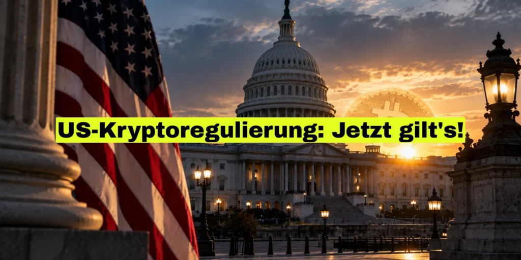 Das Kapitol in Washington bei Sonnenuntergang, davor eine US-Flagge, am Himmel eine Bitcoin-Muenze als Sonne, quer darueber die Schlagzeile US-Kryptoregulierung: Jetzt gilt's.