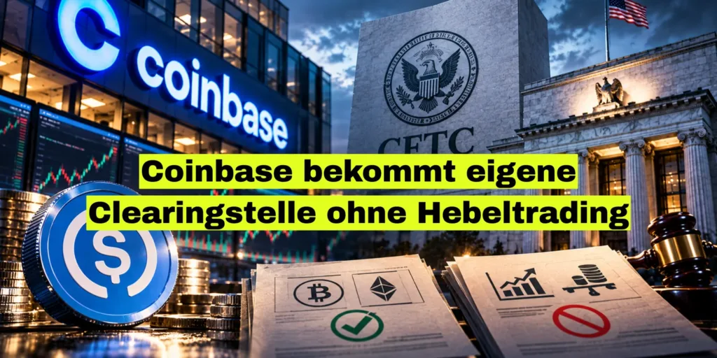 Coinbase-Schriftzug neben dem CFTC-Gebäude, davor ein USDC-Coin und Dokumente mit Haken und Verbotszeichen. Balken: Coinbase bekommt eigene Clearingstelle ohne Hebeltrading.