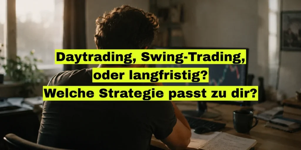 Mann von hinten am Schreibtisch vor einem Monitor mit Kurschart, daneben Kaffeetasse und Notizbuch, Morgenlicht durch ein Fenster