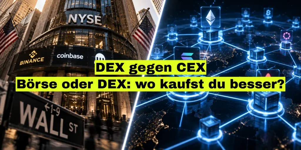 Links die Gebäude von NYSE und großen Handelsplätzen, rechts ein blau leuchtendes dezentrales Netzwerk. Bildtitel: DEX gegen CEX.