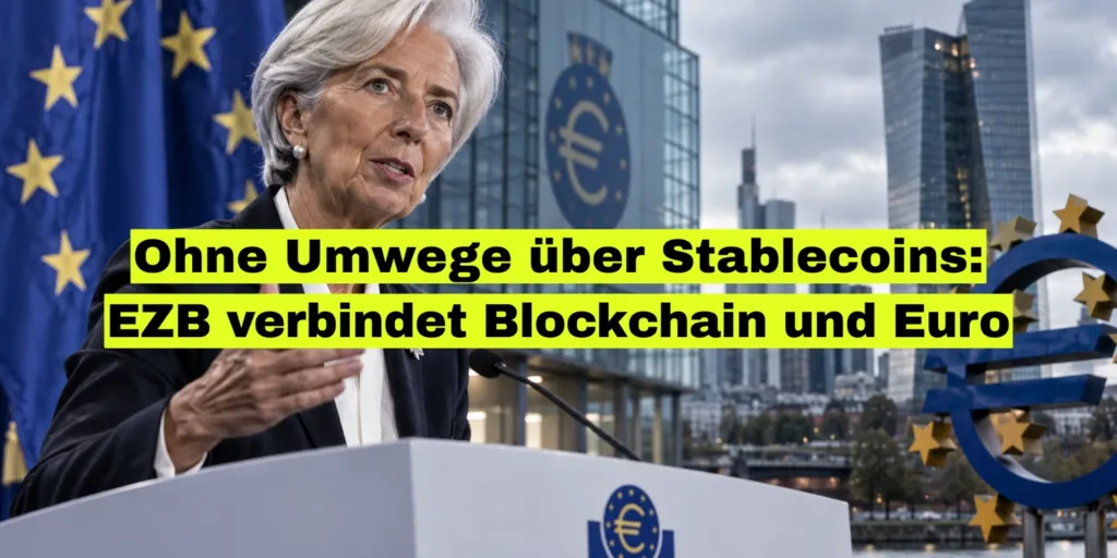 EZB-Präsidentin Christine Lagarde am Rednerpult vor Europaflagge, EZB-Turm und Euro-Skulptur in Frankfurt (KI-generierte Bildmontage). Bildtitel: Ohne Umwege über Stablecoins: EZB verbindet Blockchain und Euro