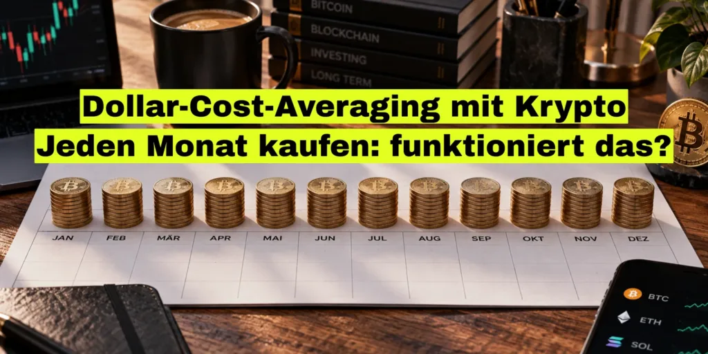 Zwölf gleich hohe Münzstapel über den Monaten Januar bis Dezember auf einem Holztisch. Bildtitel: Dollar-Cost-Averaging mit Krypto.
