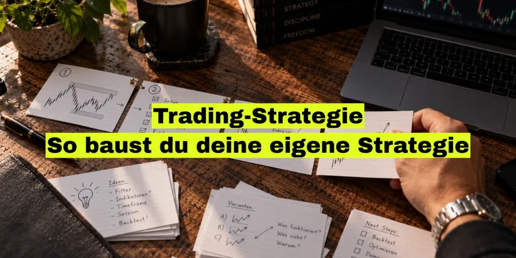 Handgeschriebene Karteikarten auf einem Holztisch, drei davon bereits in eine Reihenfolge gebracht. Bildtitel: Trading-Strategie, so baust du deine eigene.