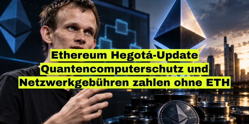Vitalik Buterin vor Ethereum-Symbol und Skyline. Bildtitel: Ethereum Hegotá-Update, Quantencomputerschutz und Netzwerkgebühren zahlen ohne ETH